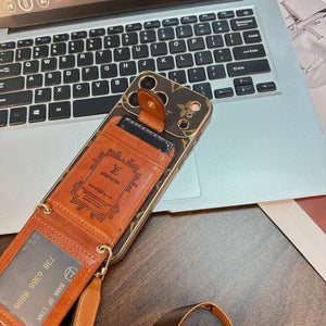 Luxury Leather Monogram iPhone Case With Wallet And Crossbody Strap For iPhone 17 Series-CYLV125