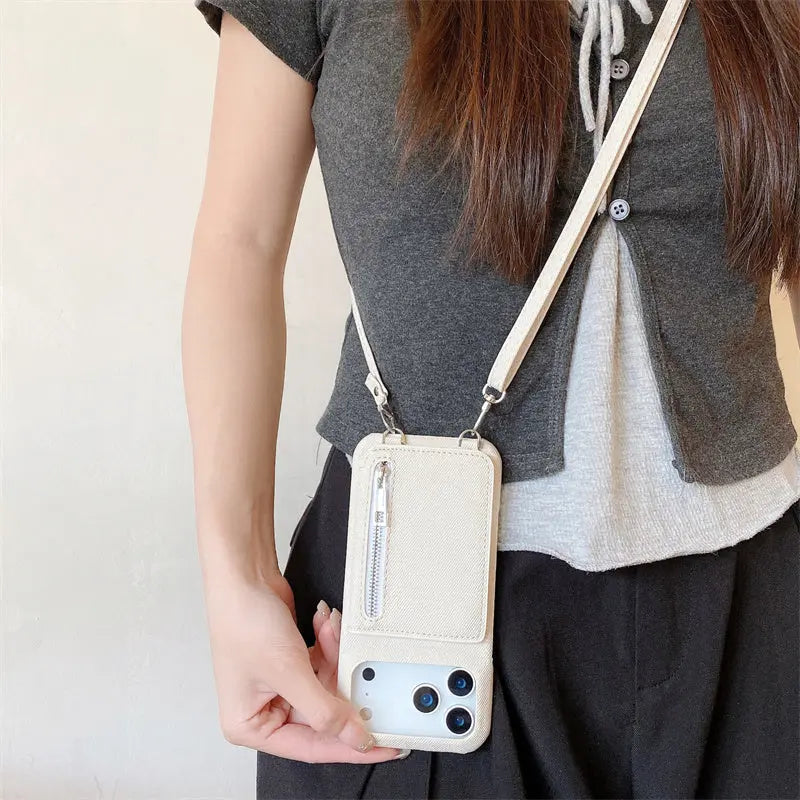 Fabric iPhone Case With Card Holder & Mirror And Strap Blue-BC25028 Burycase