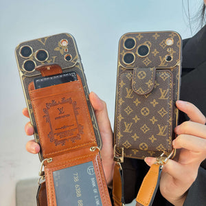 Luxury Leather Monogram iPhone Case With Wallet And Crossbody Strap For iPhone 17 Series-CYLV125