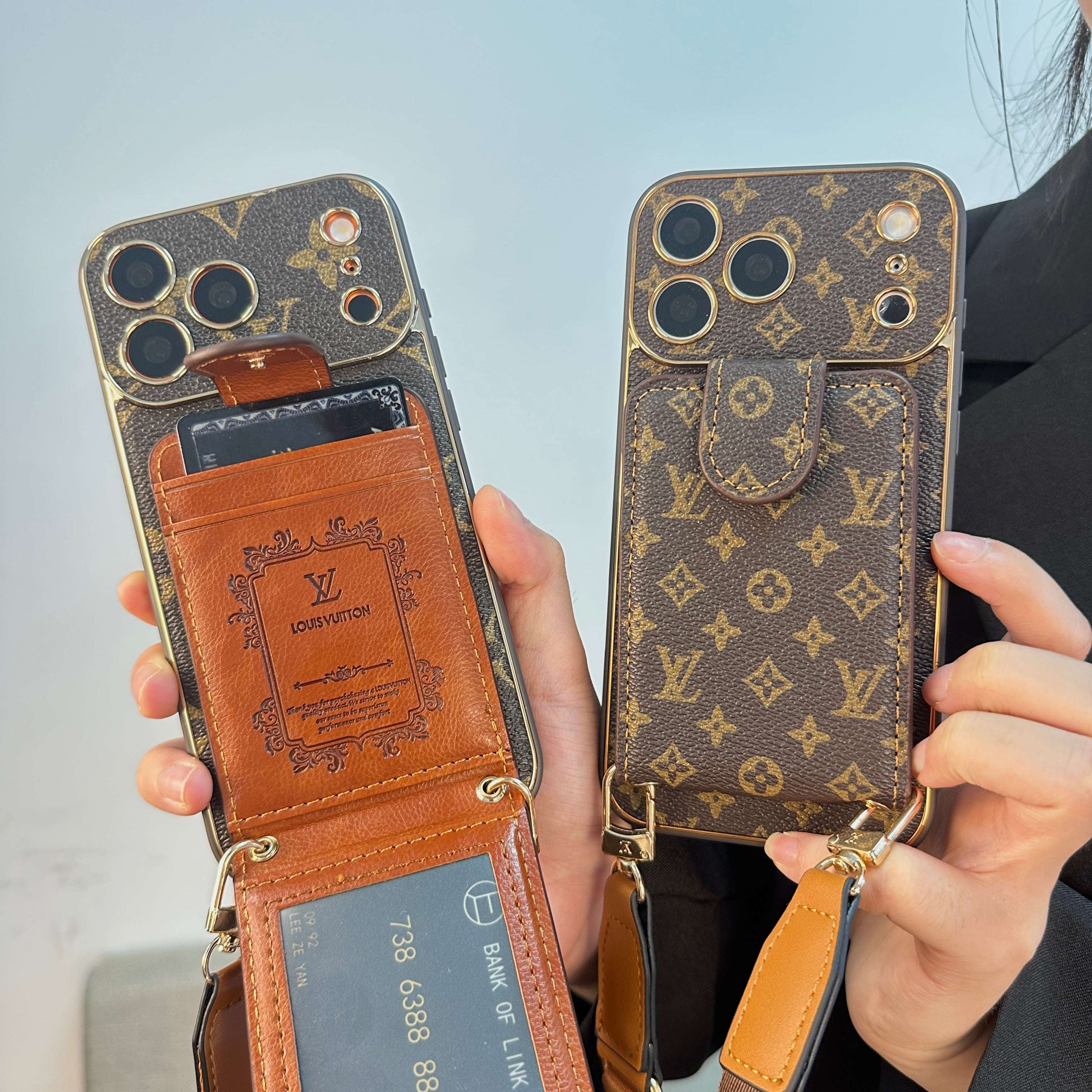 Leather Monogram iPhone Case With Wallet And Crossbody Strap For iPhone 17 Series-CYLV132