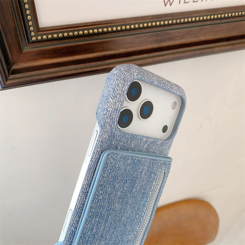 Fabric iPhone Case With Card Holder And Strap Blue-BC25028