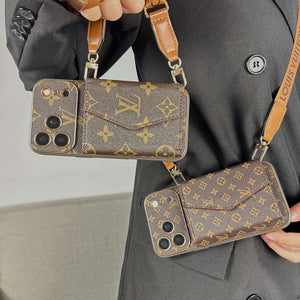 Elegant Leather Monogram iPhone Case With Wallet And Crossbody Strap For iPhone 17 Series-CYLV133