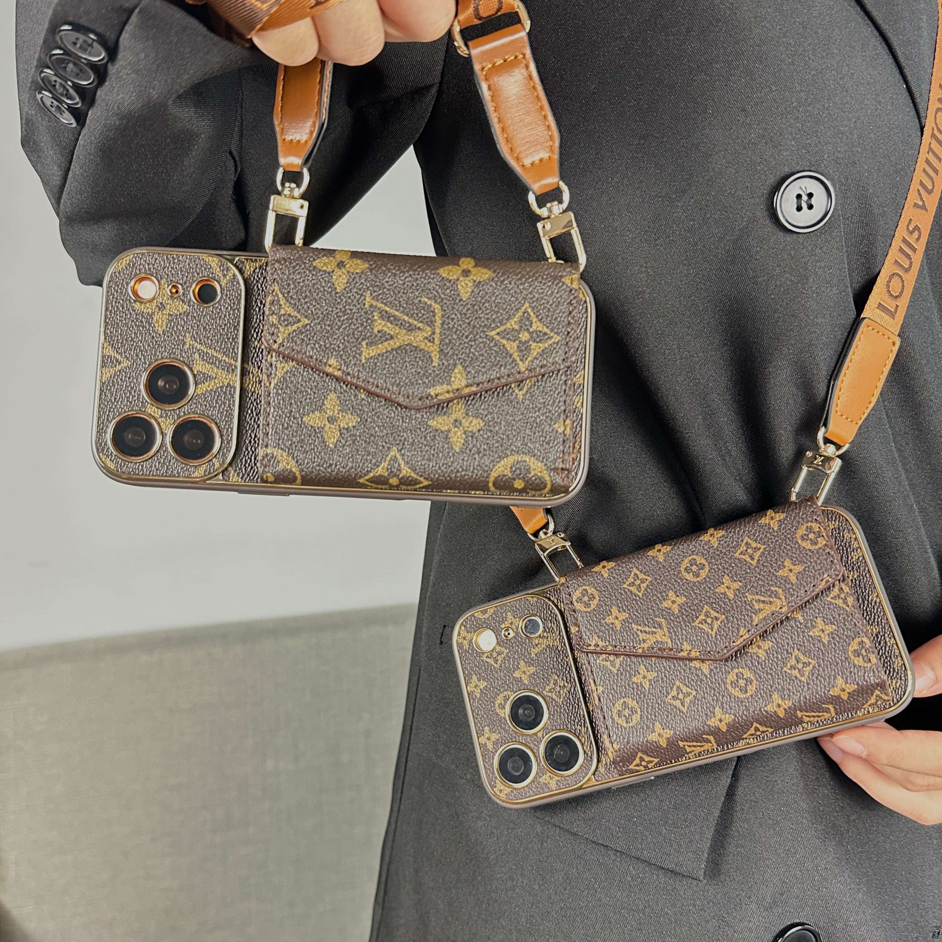 Elegant Leather Monogram iPhone Case With Wallet And Crossbody Strap For iPhone 17 Series-CYLV133