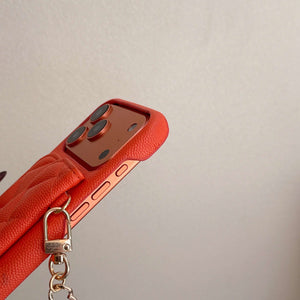 Textured Leather CC iPhone Case With Wallet And Wrist Strap Orange For iPhone 17 Series-CYCC046