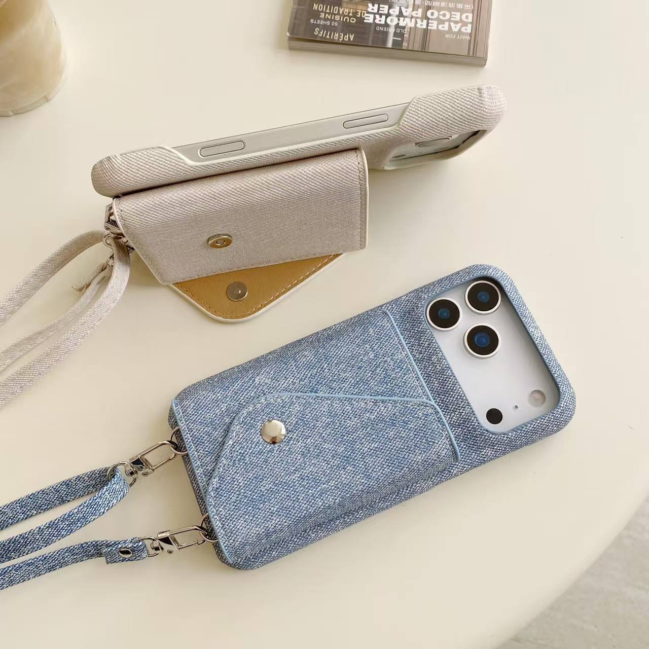 Fabric iPhone Case With Card Holder And Strap Blue-BC25029