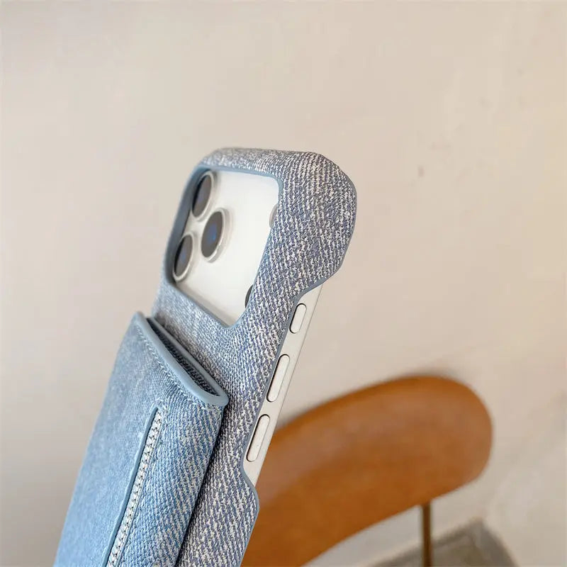Fabric iPhone Case With Card Holder & Mirror And Strap Blue-BC25028 Burycase
