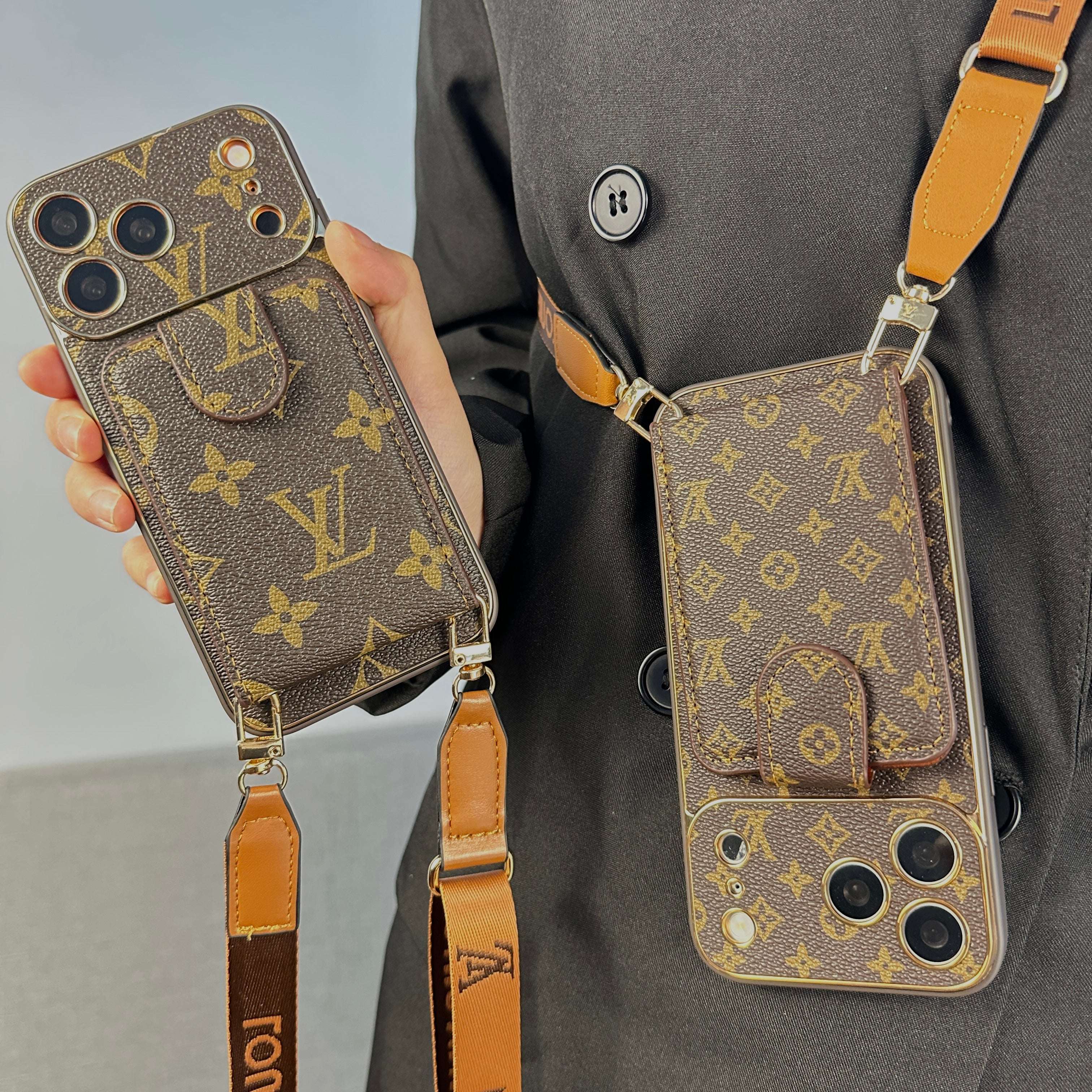 Luxury Leather Monogram iPhone Case With Wallet And Crossbody Strap For iPhone 17 Series-CYLV125