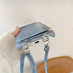 Fabric iPhone Case With Card Holder & Mirror And Strap Blue-BC25028 Burycase