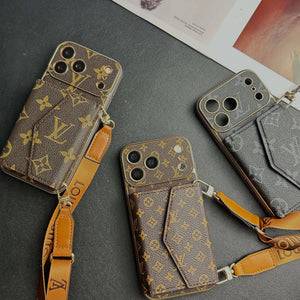 Elegant Leather Monogram iPhone Case With Wallet And Crossbody Strap For iPhone 17 Series-CYLV133