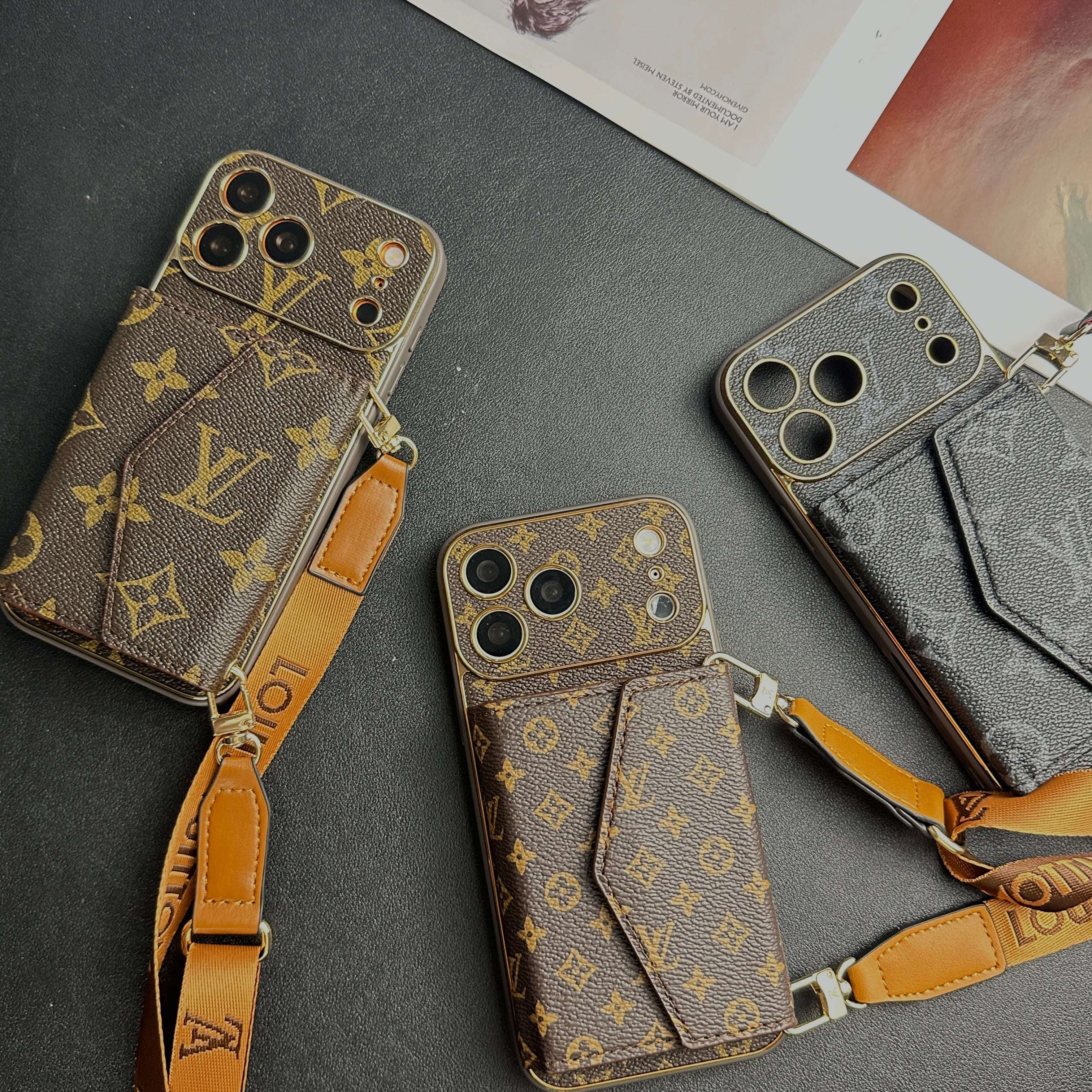 Elegant Leather Monogram iPhone Case With Wallet And Crossbody Strap For iPhone 17 Series-CYLV133