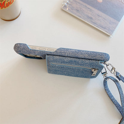 Fabric iPhone Case With Card Holder And Strap Blue-BC25028