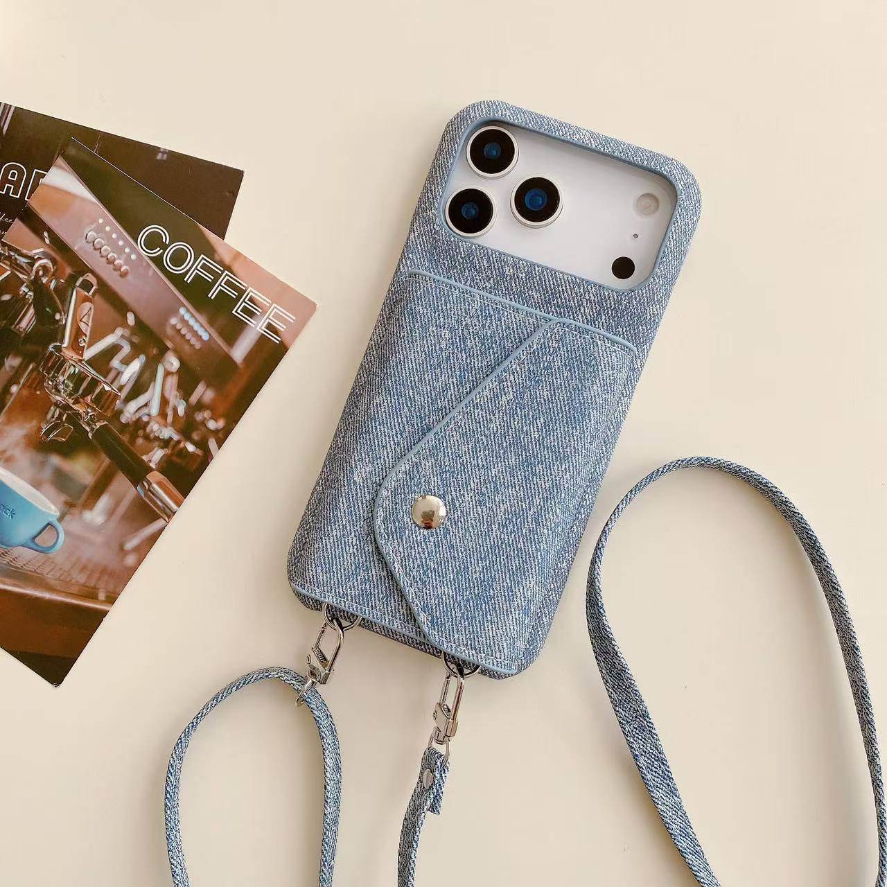 Fabric iPhone Case With Card Holder And Strap Blue-BC25029