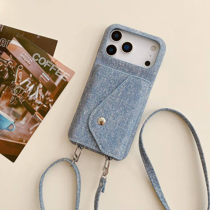 Fabric iPhone Case With Card Holder And Strap Blue-BC25029