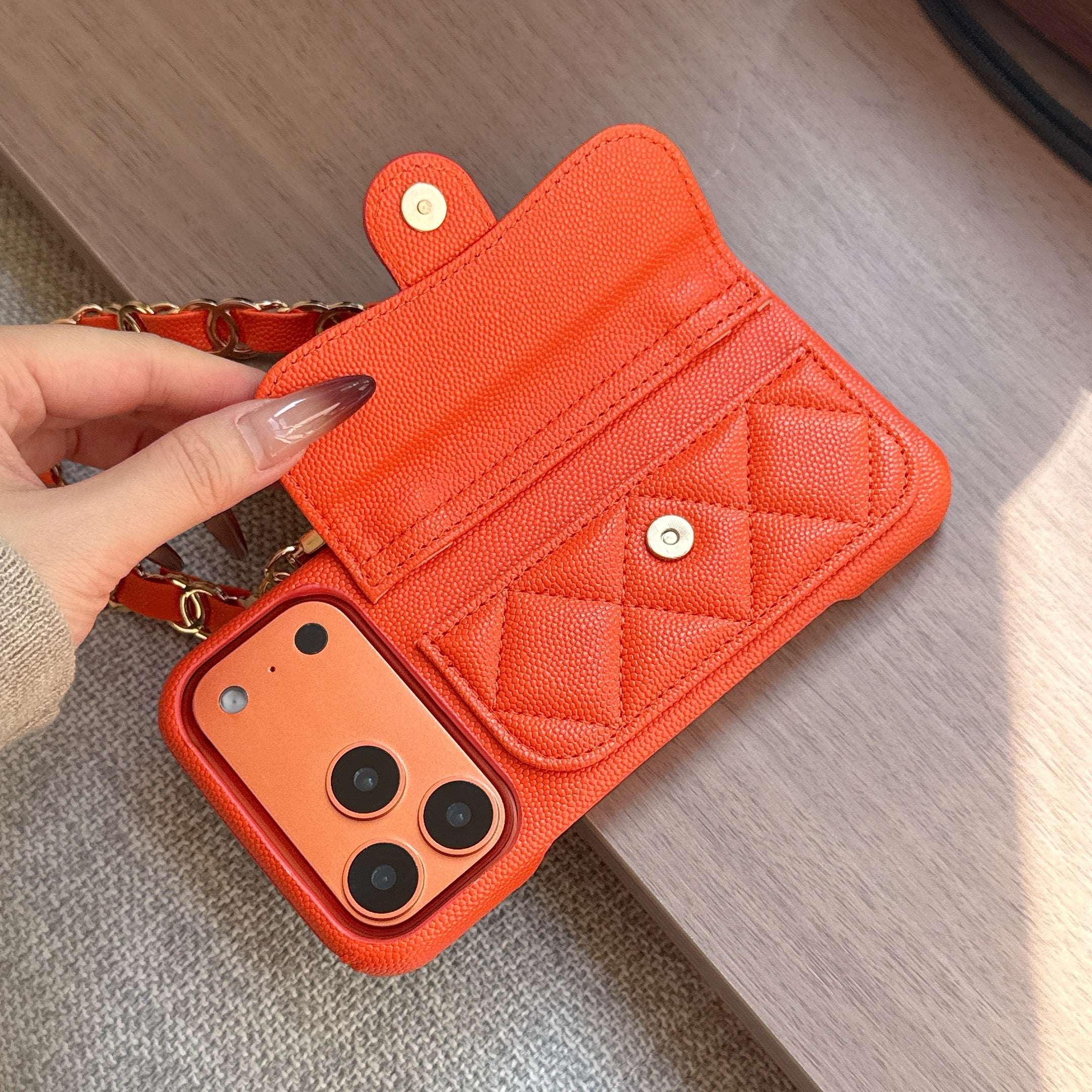 Textured Leather CC iPhone Case With Wallet And Wrist Strap Orange For iPhone 17 Series-CYCC046