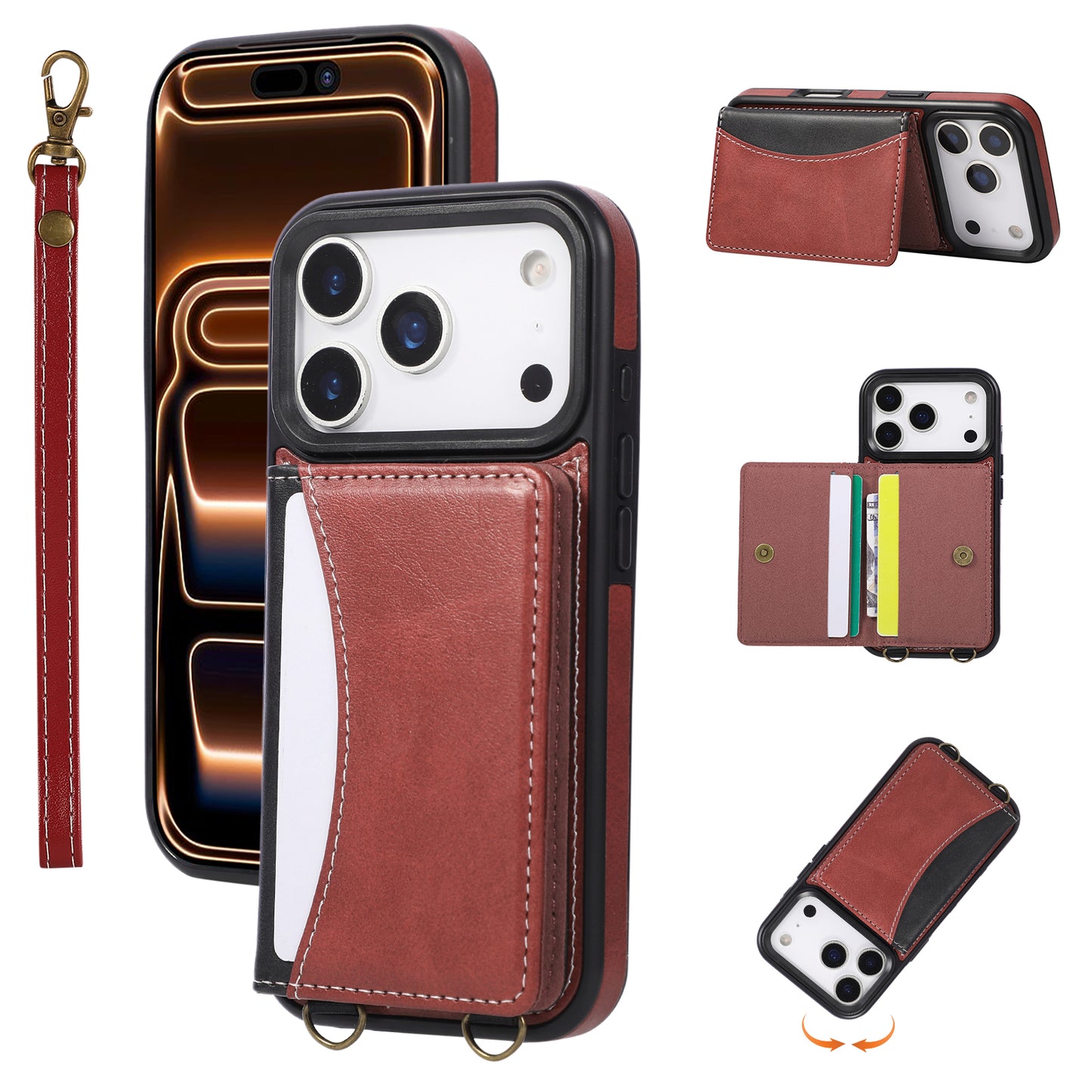 Leather iPhone Cases With Card Holder And  Wrist Strap Red-BC25043