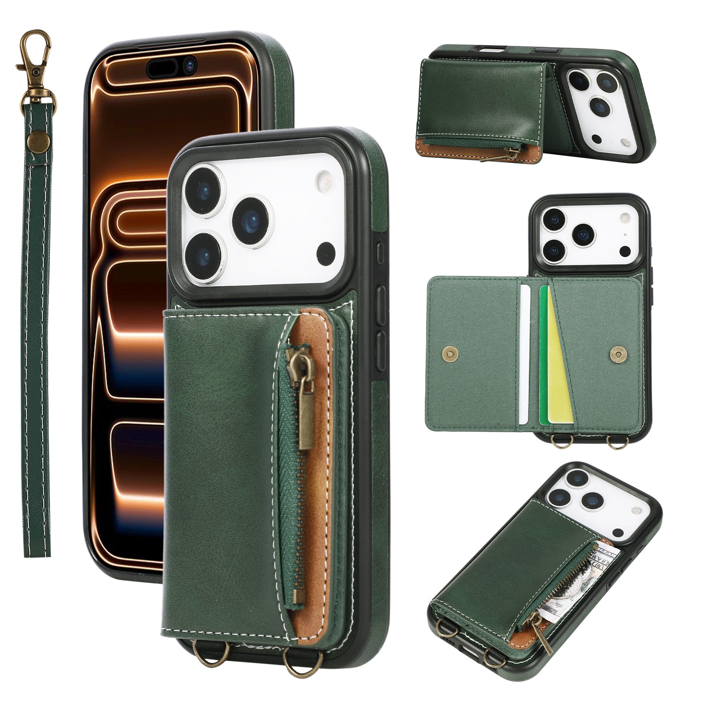 Leather iPhone Cases With Card Holder And  Wrist Strap Green-BC25040