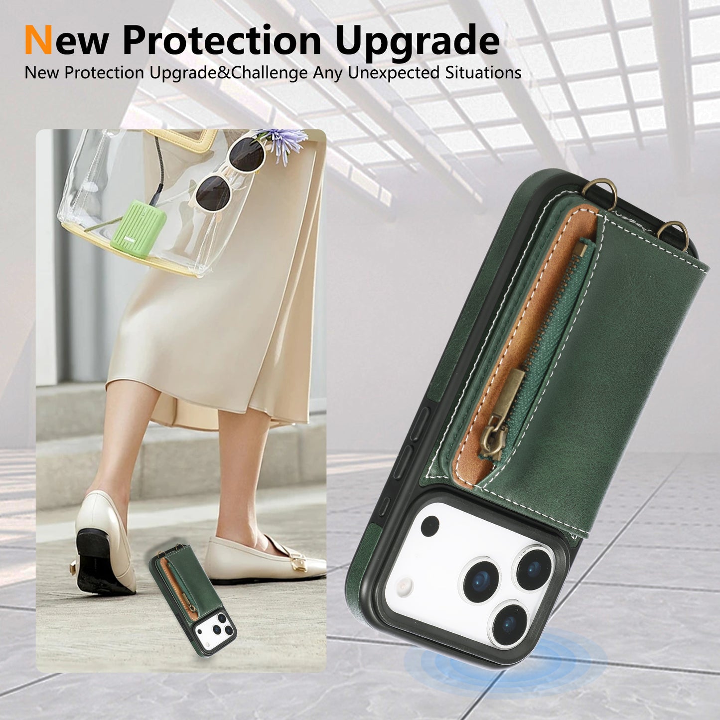 Leather iPhone Cases With Card Holder And  Wrist Strap Green-BC25040