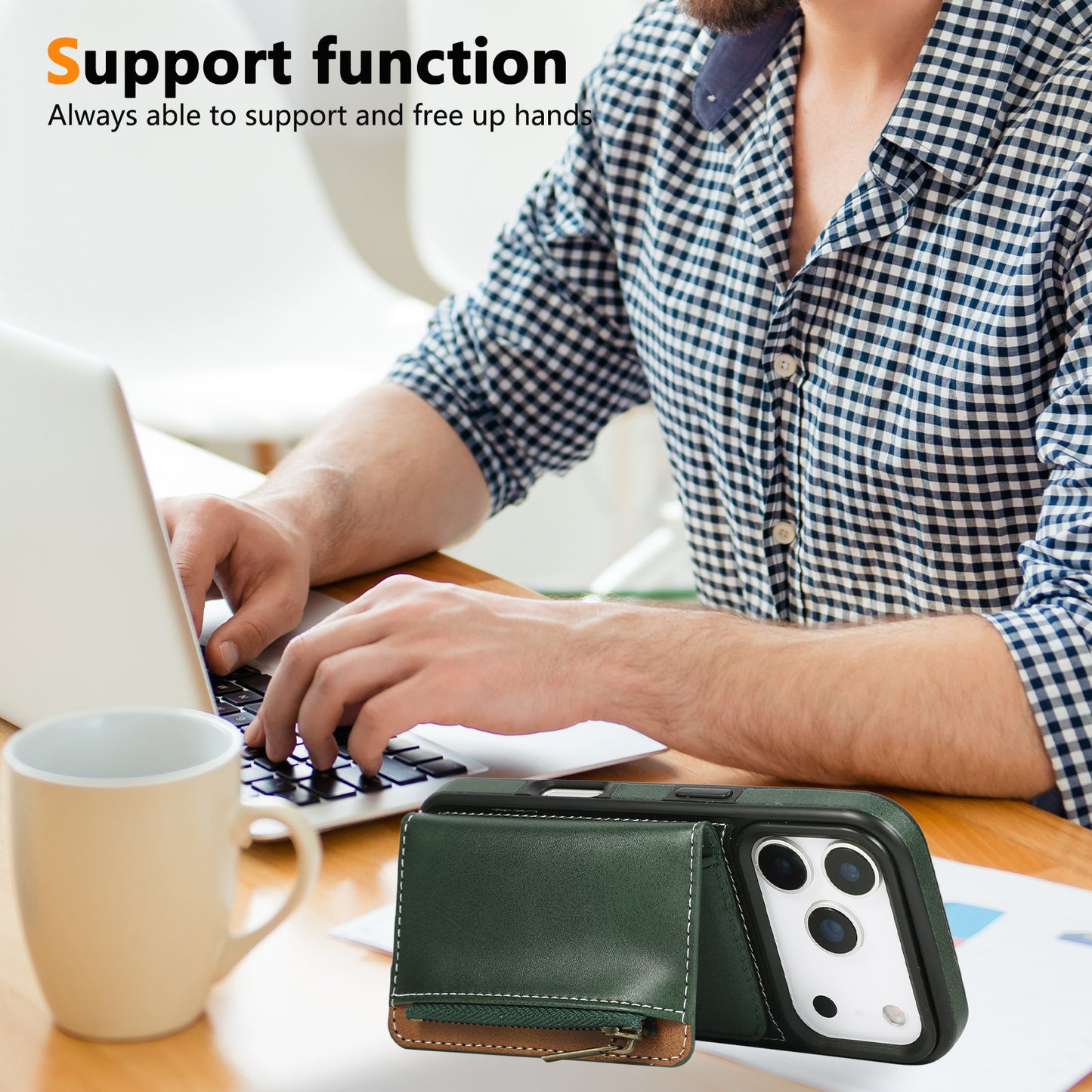 Leather iPhone Cases With Card Holder And  Wrist Strap Green-BC25040