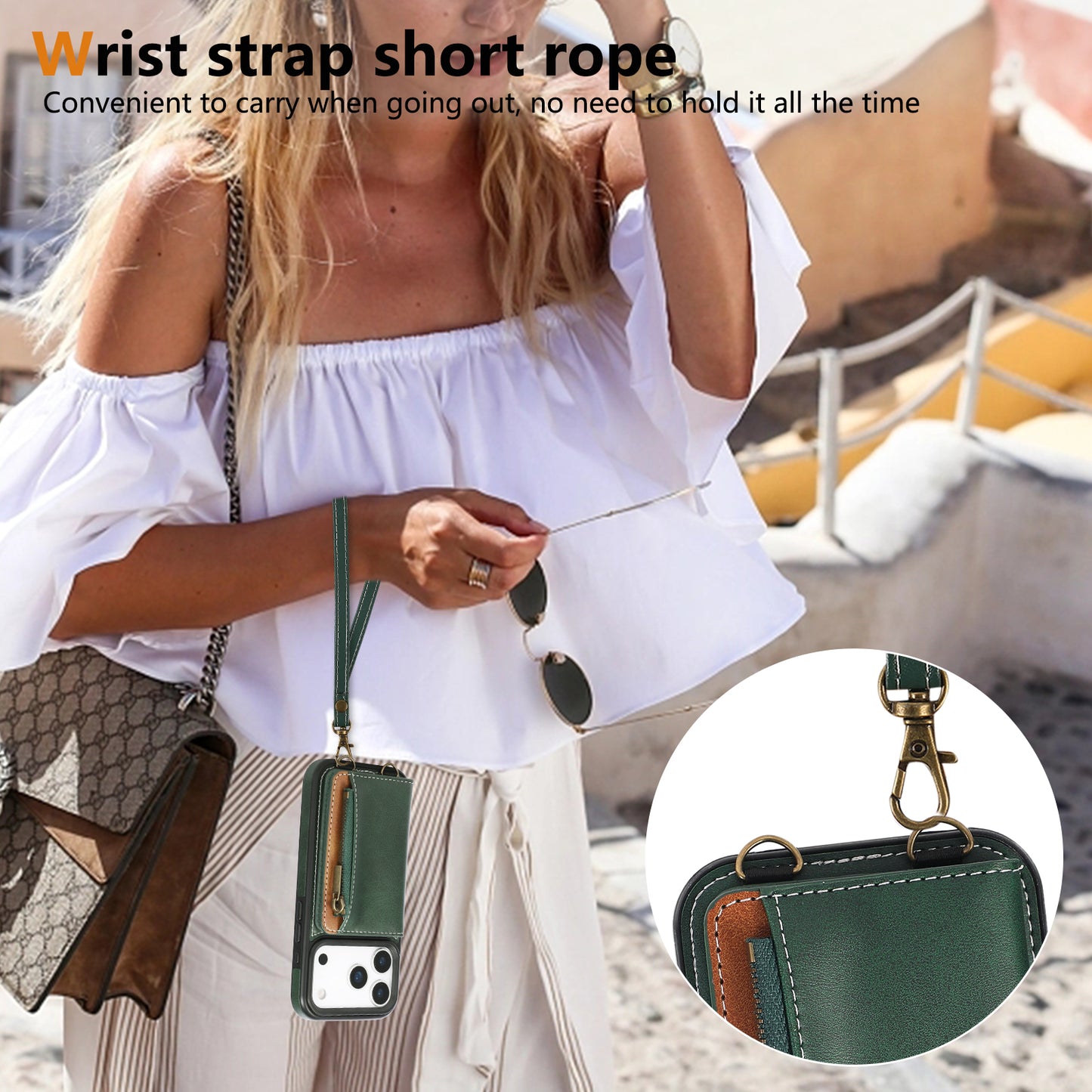 Leather iPhone Cases With Card Holder And  Wrist Strap Green-BC25040