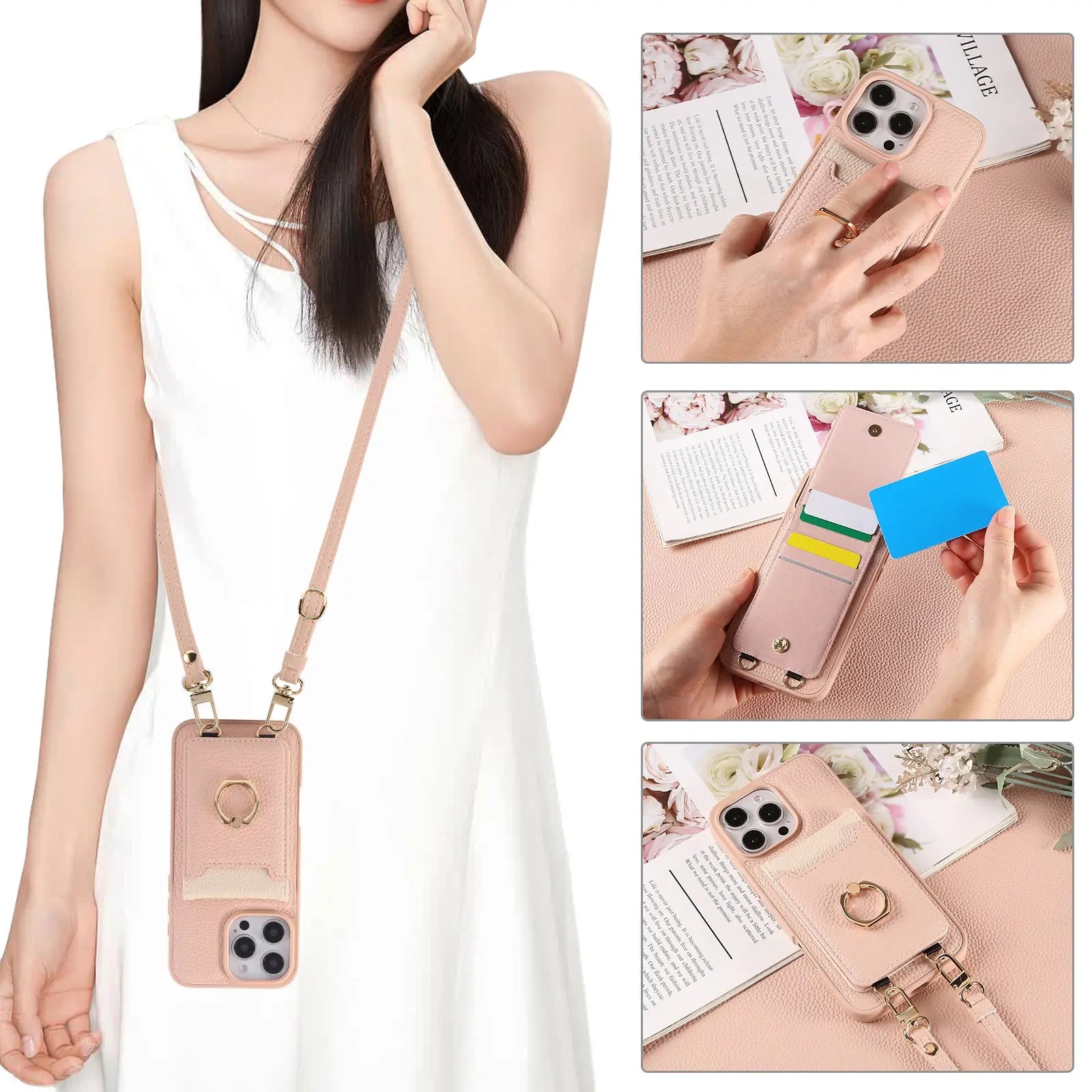 Leather iPhone Cases With Card Holder And Strap（With Stand）Pink-BC25039 Burycase