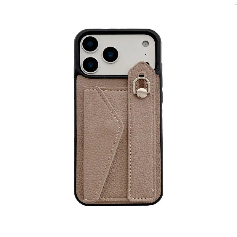 Leather iPhone Case with Wrist Strap and Card Holder Brown– BC25018 Burycase