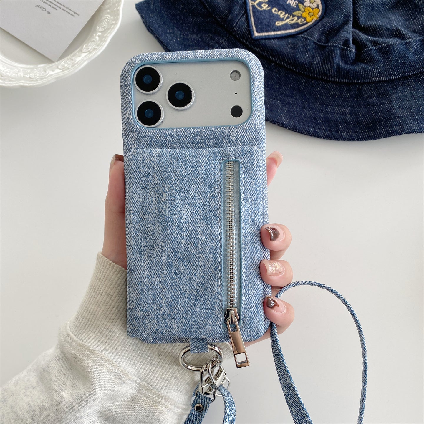 Fabric iPhone Case With Wallet And Strap Blue-BC25027