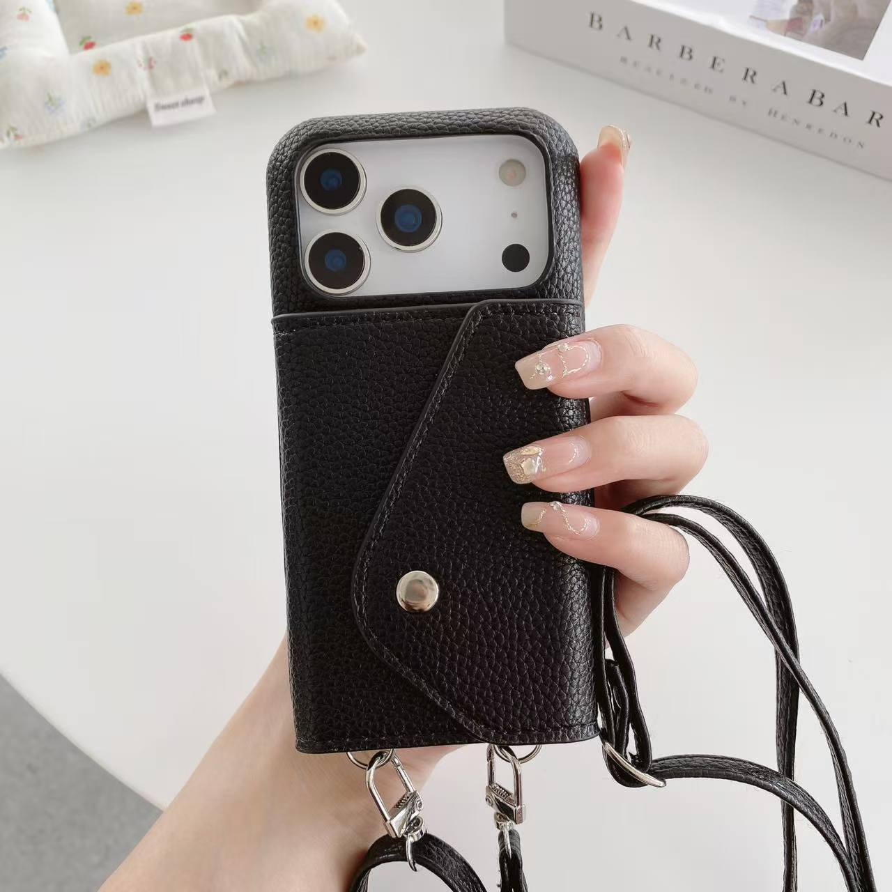 Leather iPhone Case With Card Holder And Strap Black-BC25025