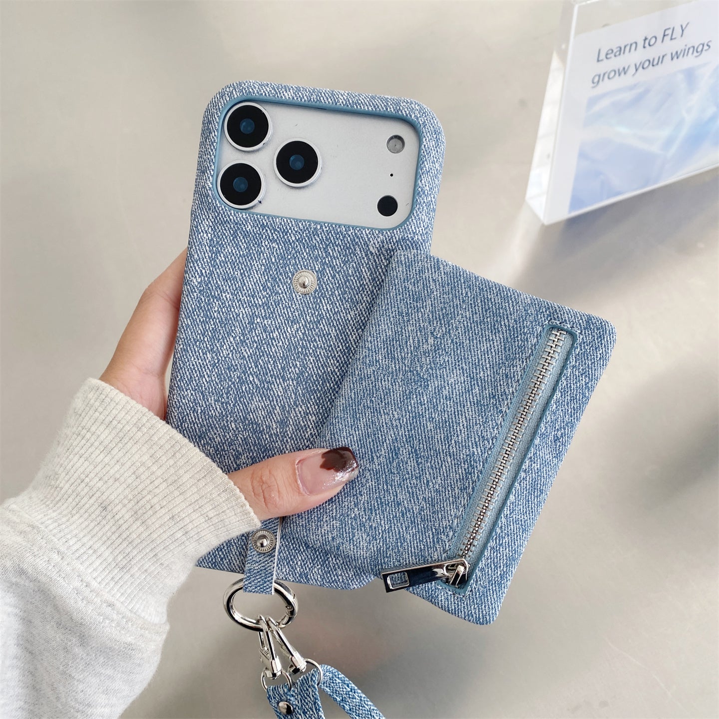 Fabric iPhone Case With Wallet And Strap Blue-BC25027