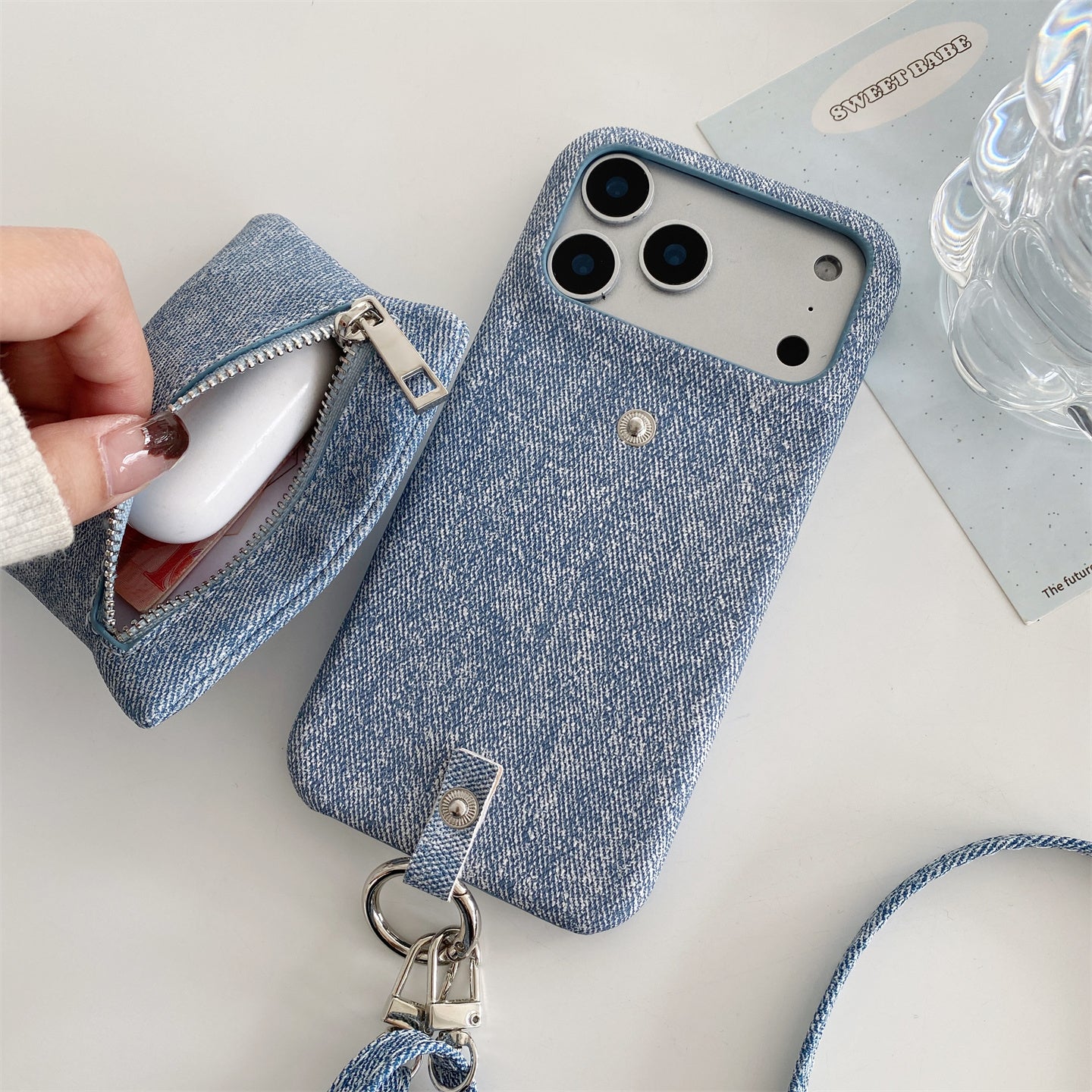 Fabric iPhone Case With Wallet And Strap Blue-BC25027