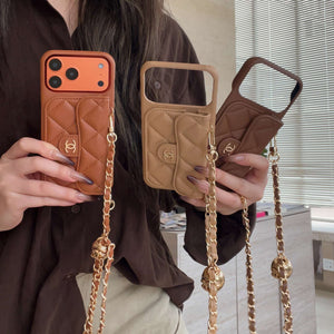 Elegant Leather CC iPhone Case With Wallet And Crossbody Strap Coffee For iPhone 17 Series-CYCC047