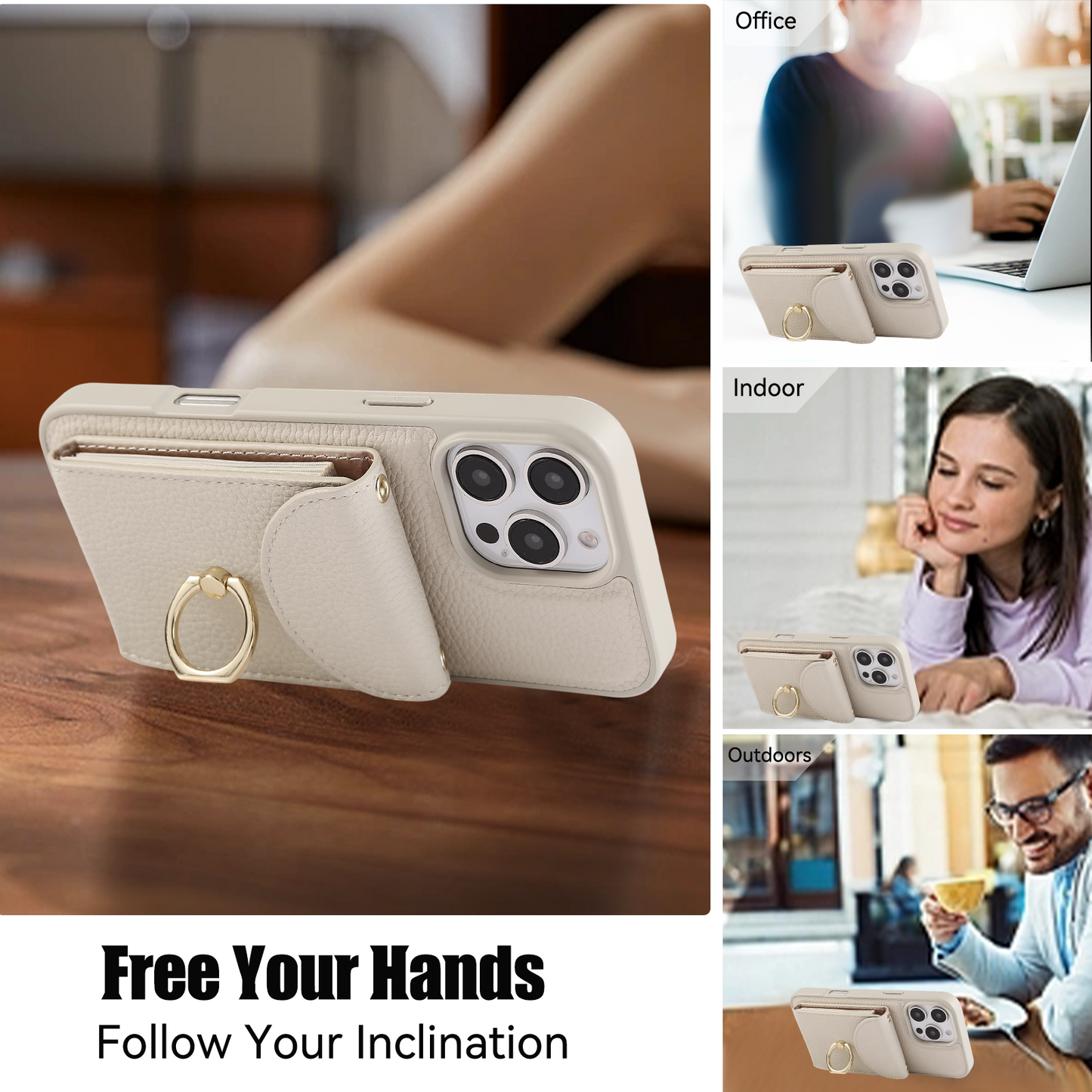 Leather iPhone Cases With Card Holder And Strap（With Stand） White-BC25031