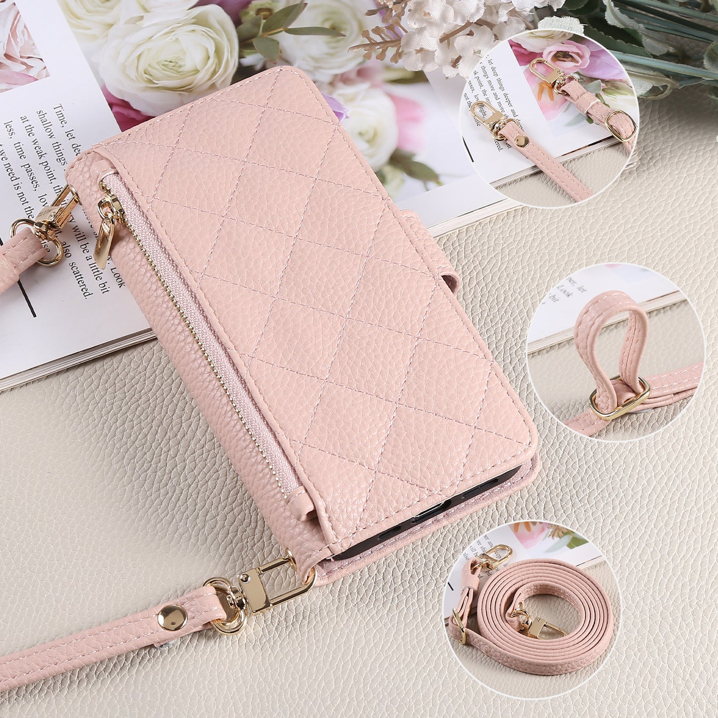 iPhone Case With Card Holder And Crossbody Strap Pink -BC25034