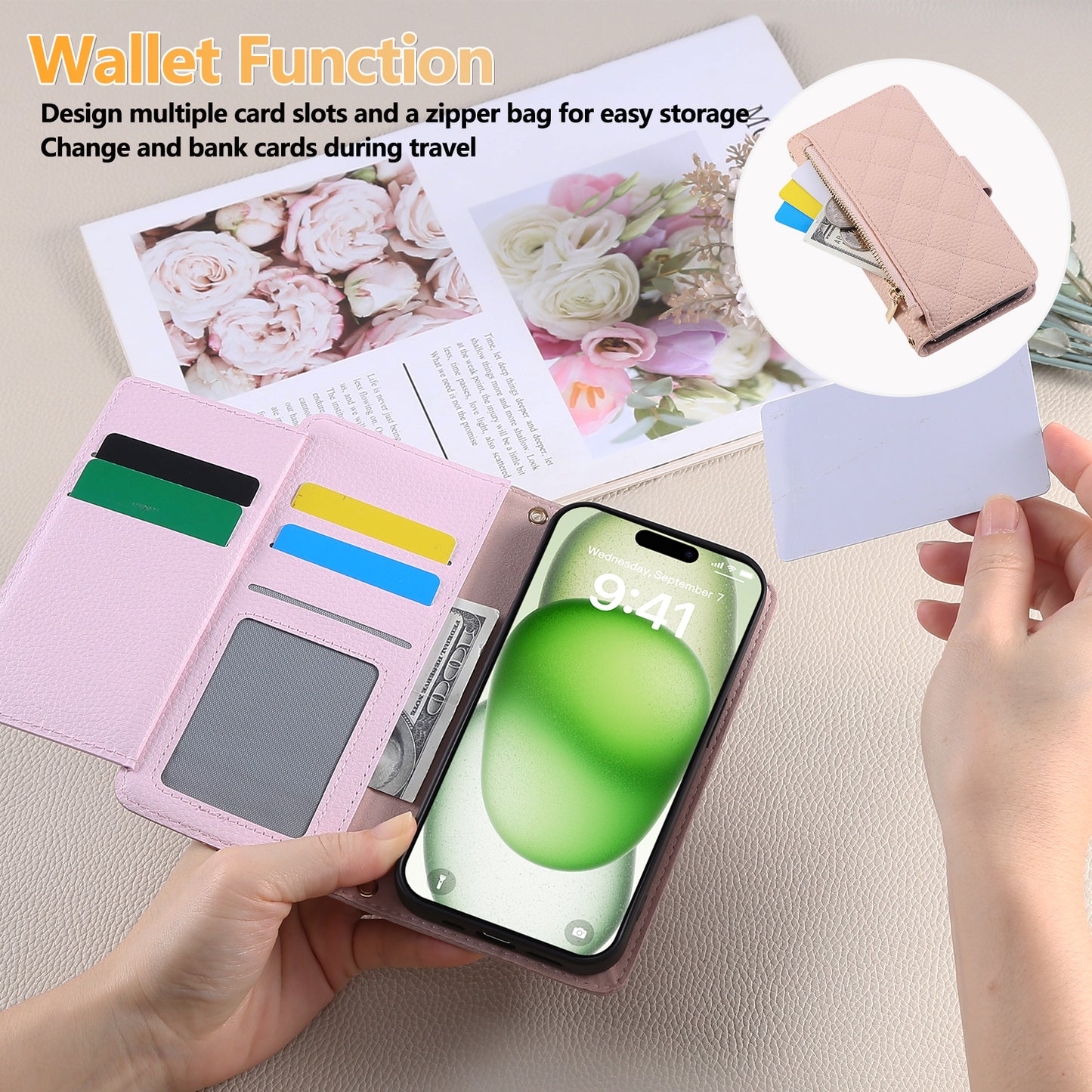 iPhone Case With Card Holder And Crossbody Strap Pink -BC25034