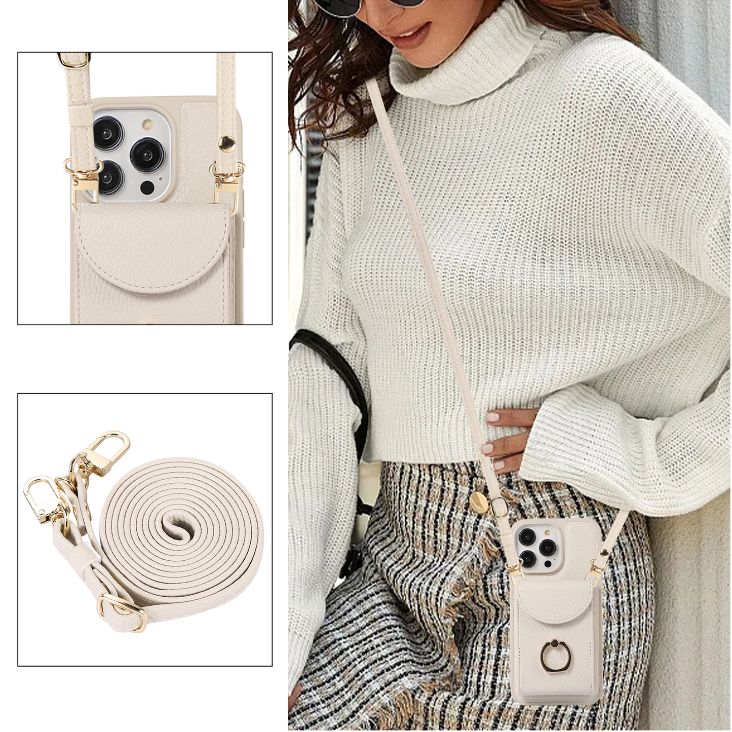 Leather iPhone Cases With Card Holder And Strap（With Stand） White-BC25031