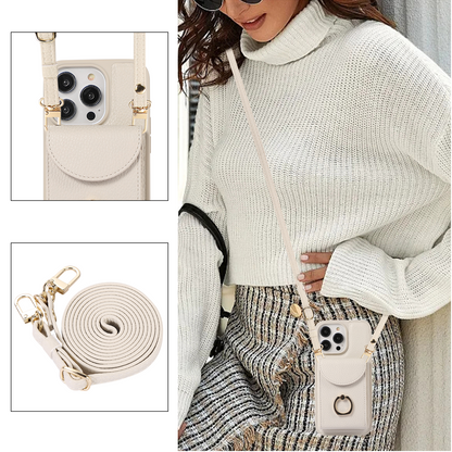 Leather iPhone Cases With Card Holder And Strap（With Stand） White-BC25031