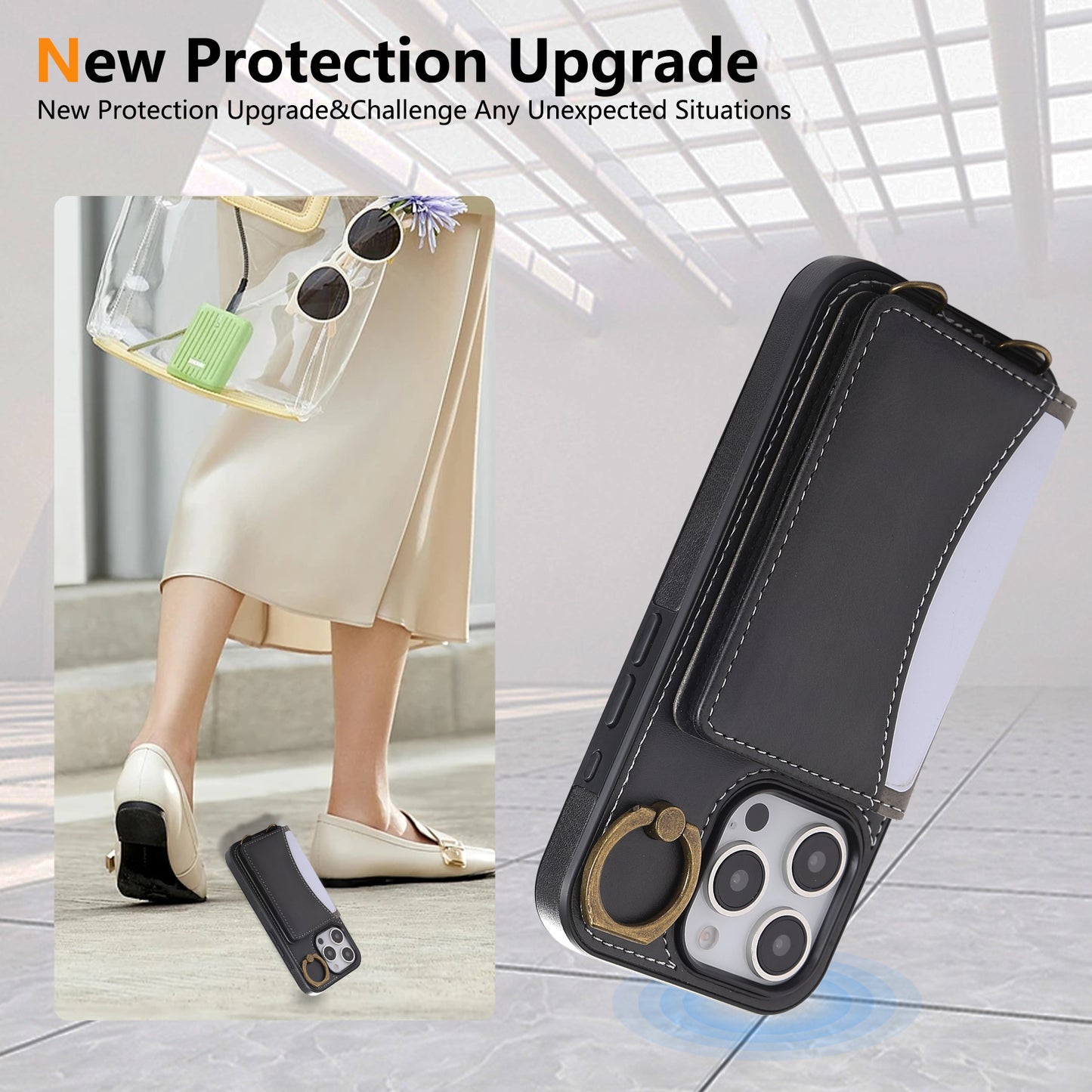 Leather iPhone Cases With Card Holder And  Wrist Strap Black-BC25044