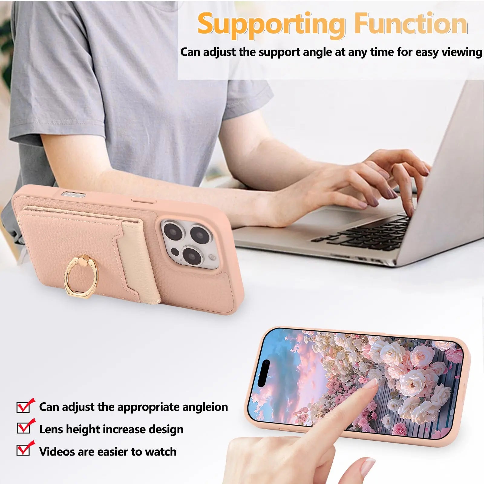 Leather iPhone Cases With Card Holder And Strap（With Stand）Pink-BC25039 Burycase