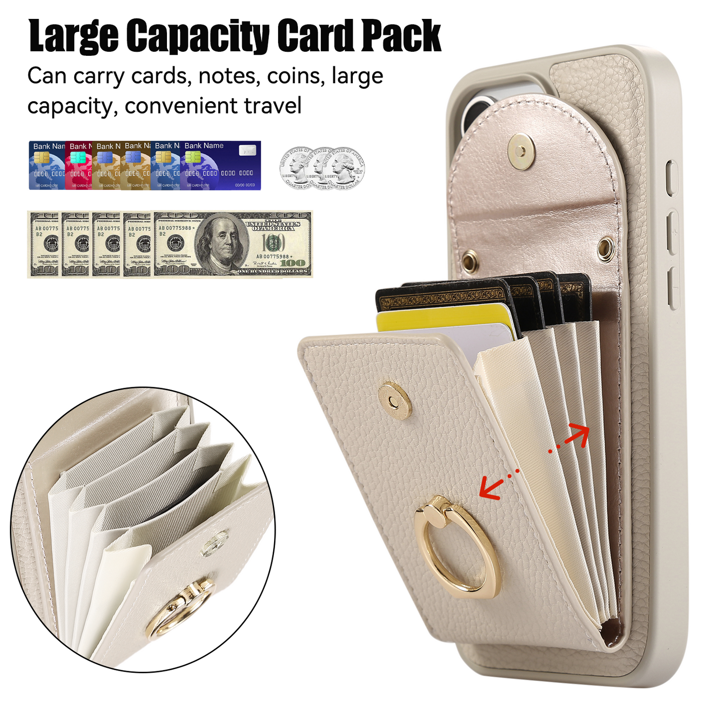 Leather iPhone Cases With Card Holder And Strap（With Stand） White-BC25031