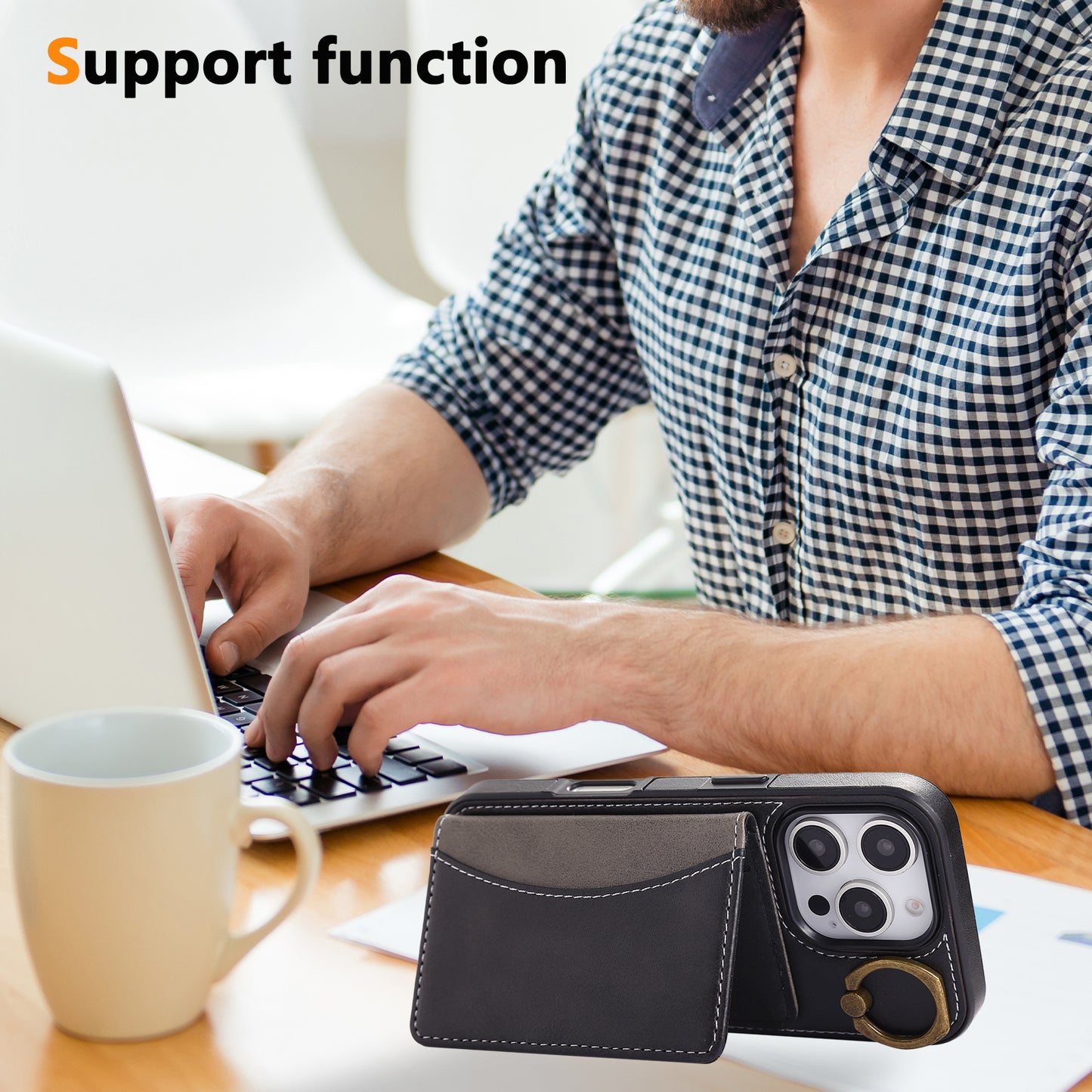 Leather iPhone Cases With Card Holder And  Wrist Strap Black-BC25044