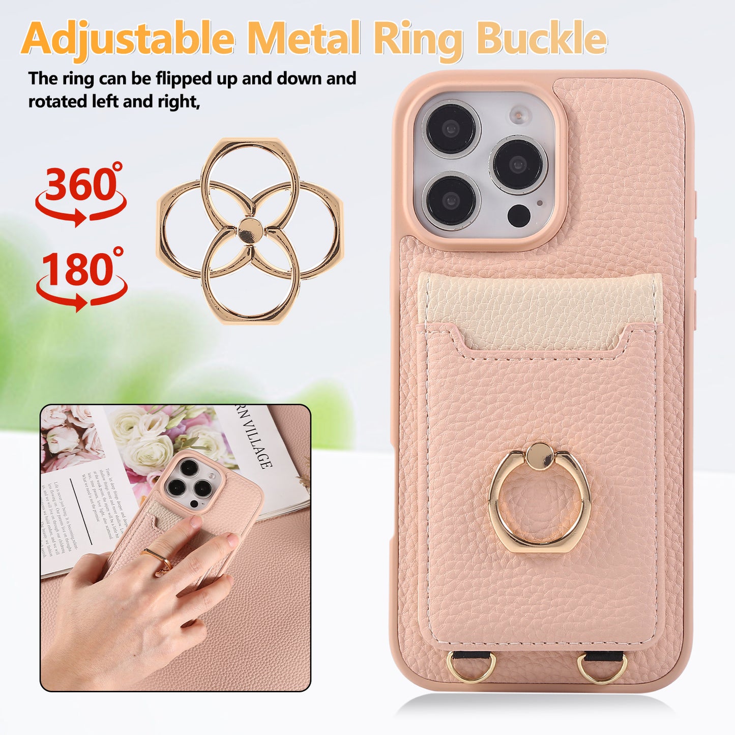 Leather iPhone Cases With Card Holder And Strap（With Stand）Pink-BC25039