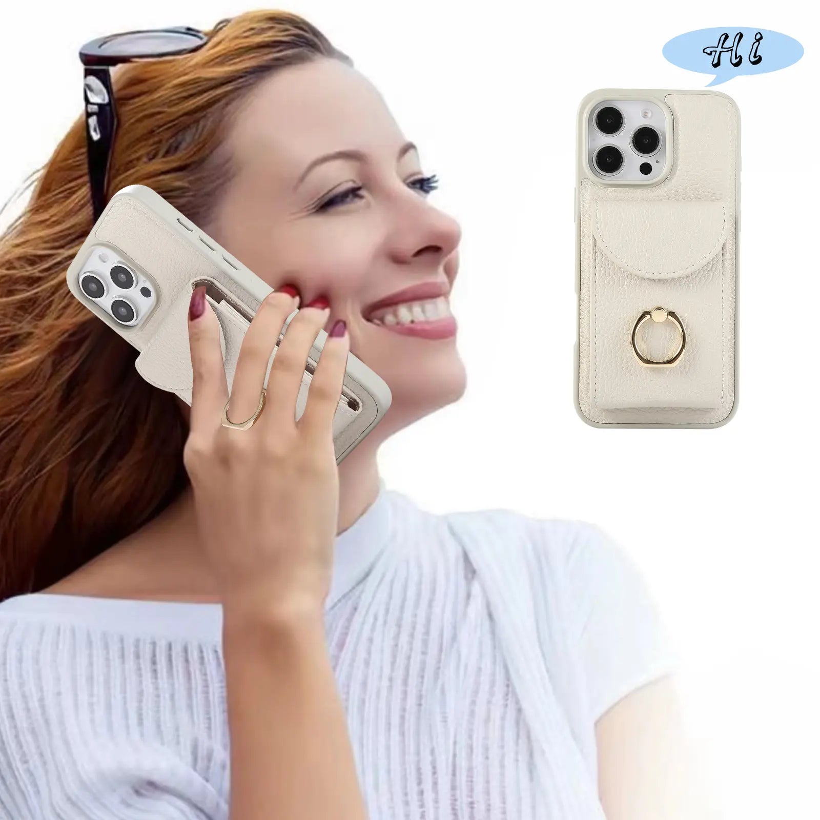 Leather iPhone Cases With Card Holder And Strap（With Stand） White-BC25031 Burycase