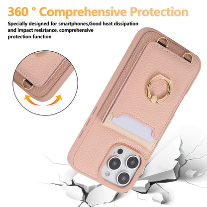 Leather iPhone Cases With Card Holder And Strap（With Stand）Pink-BC25039