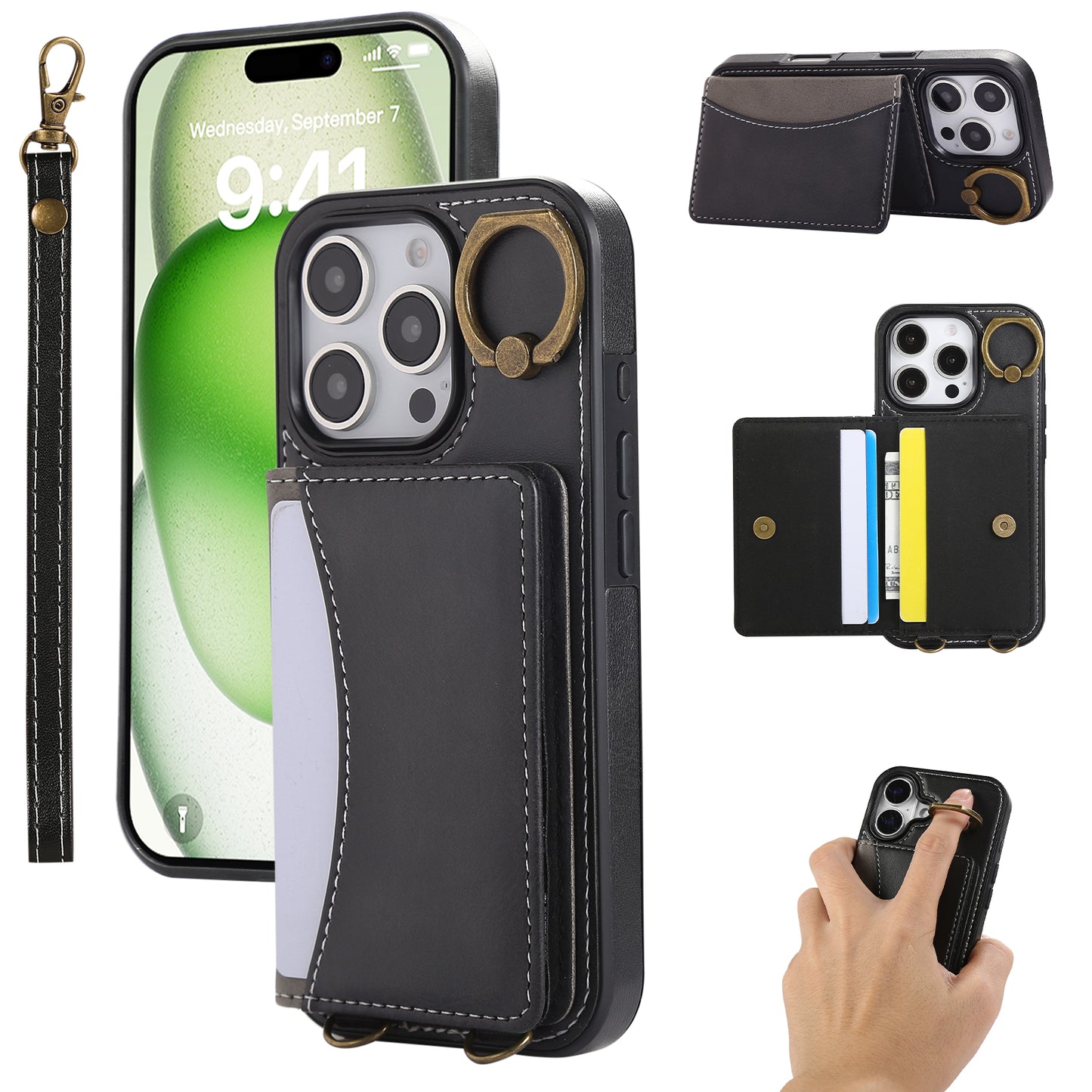 Leather iPhone Cases With Card Holder And  Wrist Strap Black-BC25044