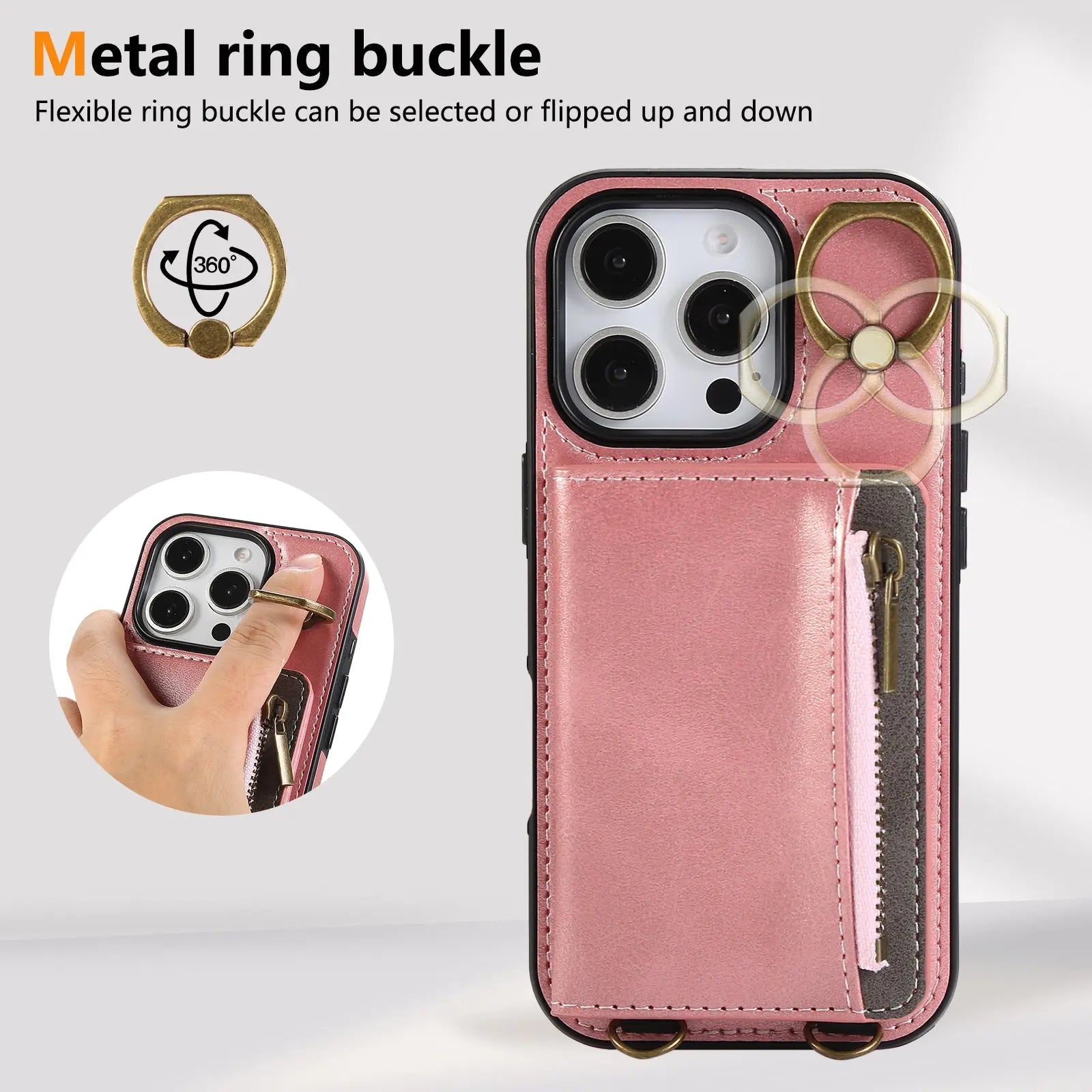 Leather iPhone Cases With Card Holder And  Wrist Strap Pink-BC25041 Burycase
