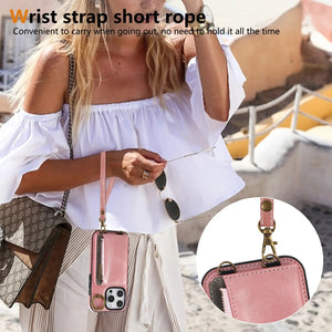 Leather iPhone Cases With Card Holder And  Wrist Strap Pink-BC25041 Burycase