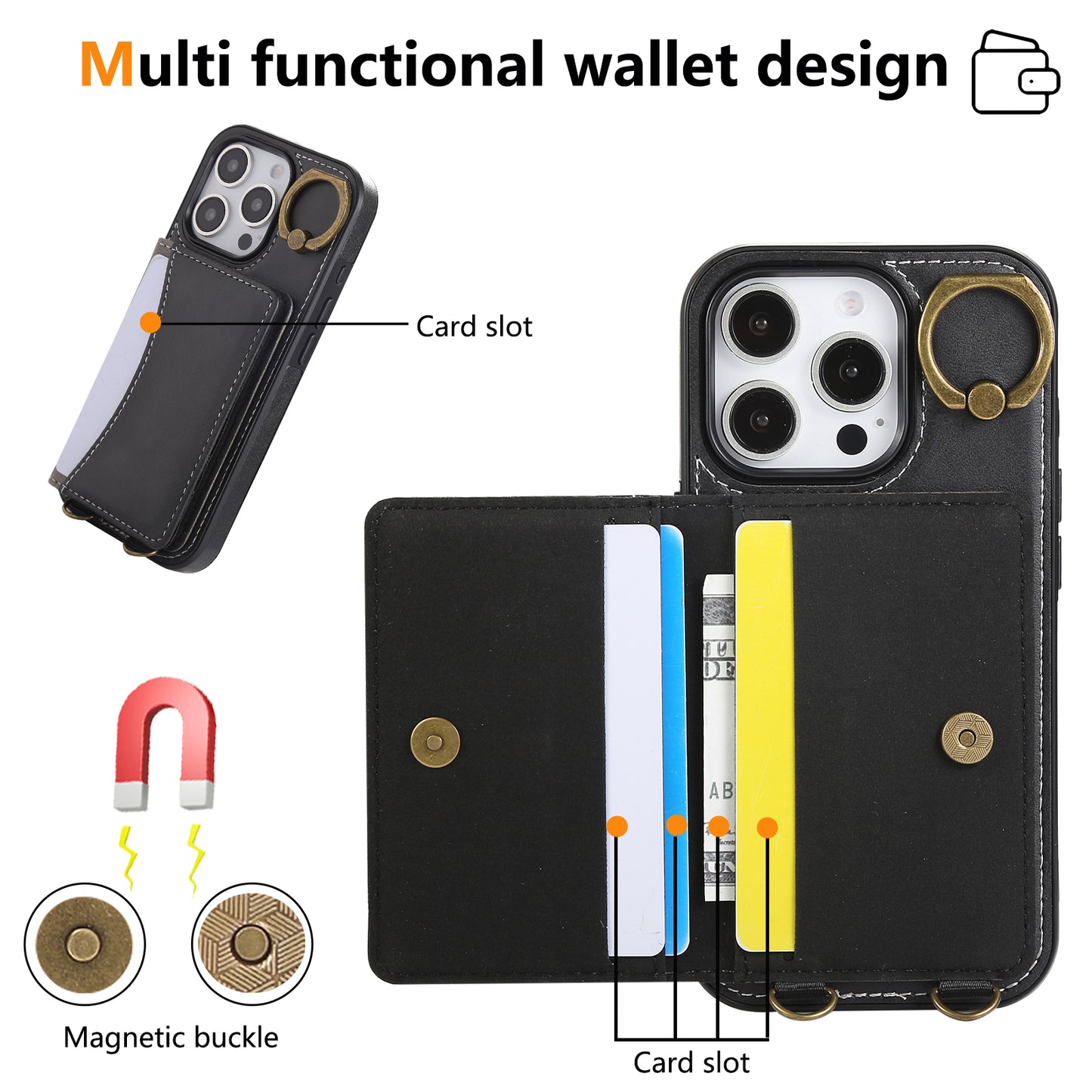 Leather iPhone Cases With Card Holder And  Wrist Strap Black-BC25044