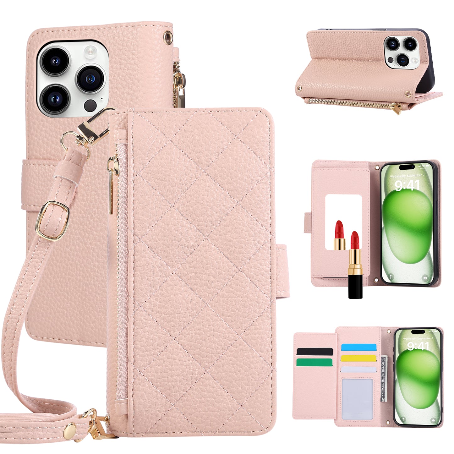 iPhone Case With Card Holder And Crossbody Strap Pink -BC25034