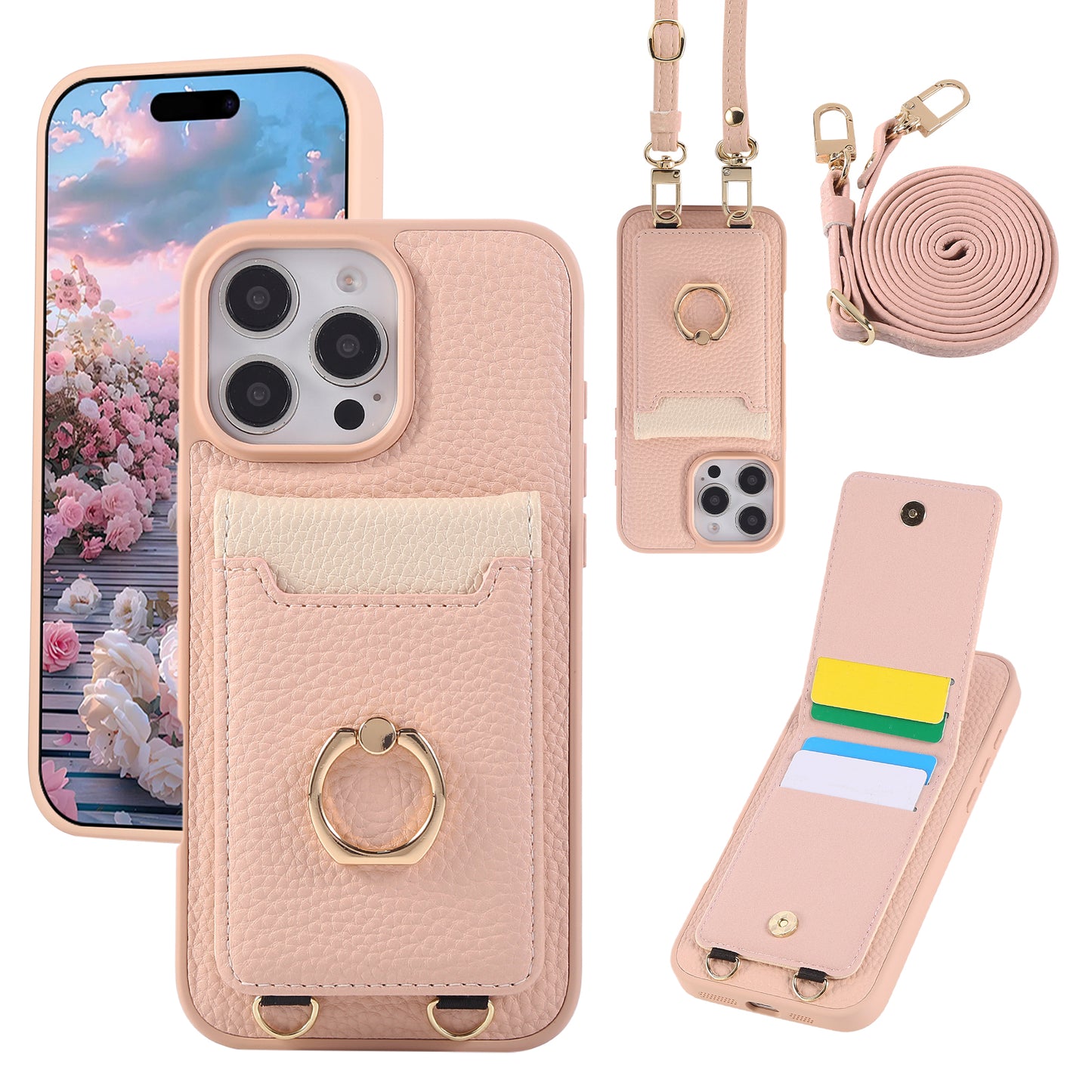 Leather iPhone Cases With Card Holder And Strap（With Stand）Pink-BC25039