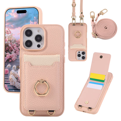Leather iPhone Cases With Card Holder And Strap（With Stand）Pink-BC25039