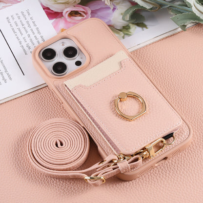 Leather iPhone Cases With Card Holder And Strap（With Stand）Pink-BC25039